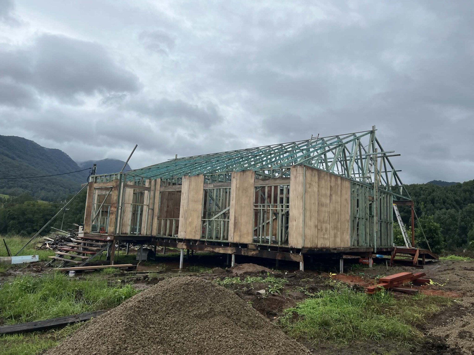 Wall and roof framing on a rural site